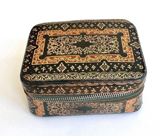 Decorative Vintage Leather Box Vintage Antique Gilt Embossed Colored Leather Zip Jewelry Pouch Velvet Lined Rectangle Trinket Jewelry Box
