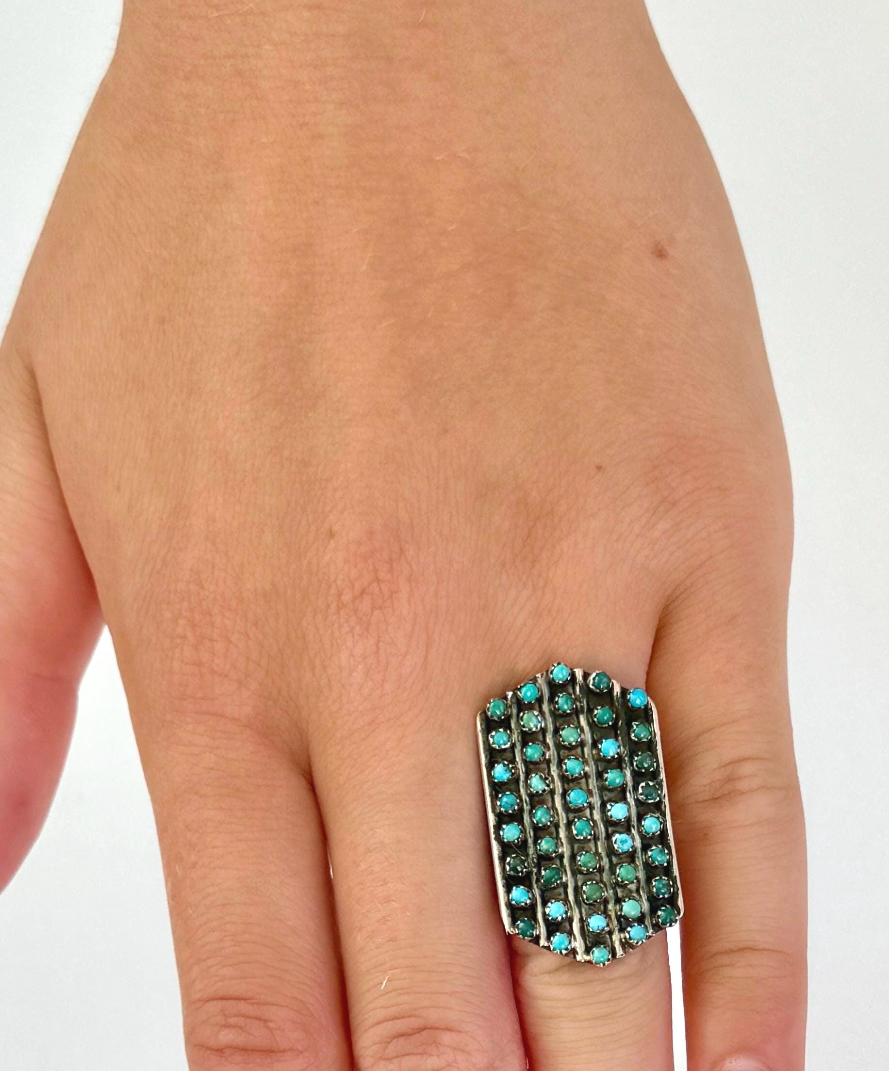 Antique Zuni Turquoise Ring 30s 40s Native American Handcrafted Sterling Silver Snake Eye Set Stones Size 5.25