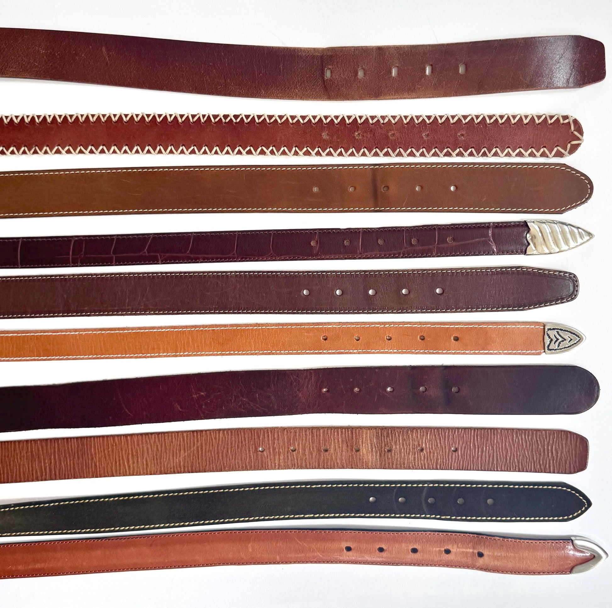 Vintage Solid Brown Leather Belt Worn Distressed Rugged Strap Silver Brass Buckle Plain Everyday Mens Womens Belt