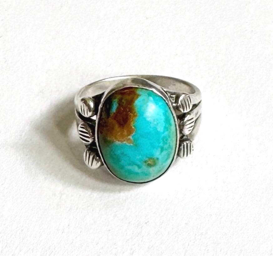 Old Turquoise Ring Antique Vintage 30s 40s Native American Navajo Sterling Silver Oval Green Aqua Blue Turquoise Cabochon