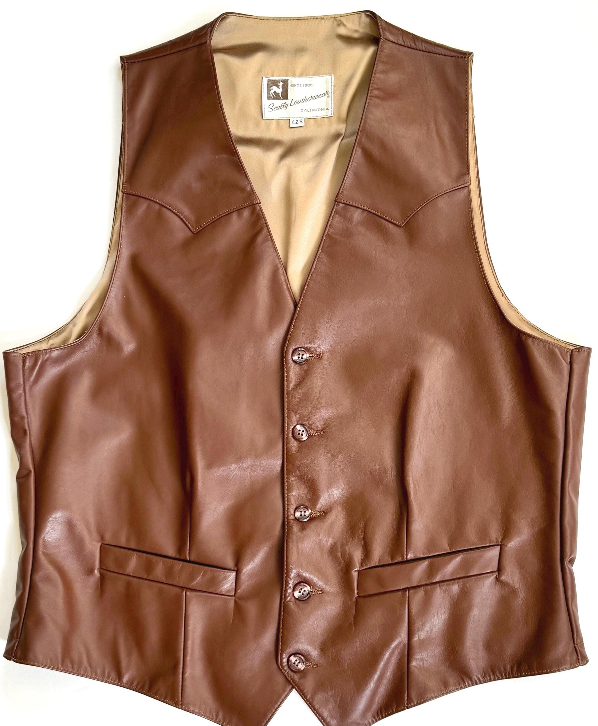 Brown Leather Western Vest Vintage 60s 70s Scully Westernwear California Mens Cowboy Vest