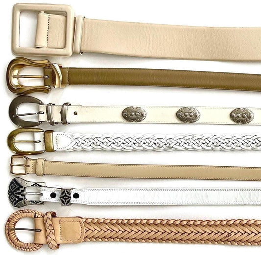 Vintage White Leather Belt Minimalist Braided Concho Western Woven Styles Ivory Beige Light Tan