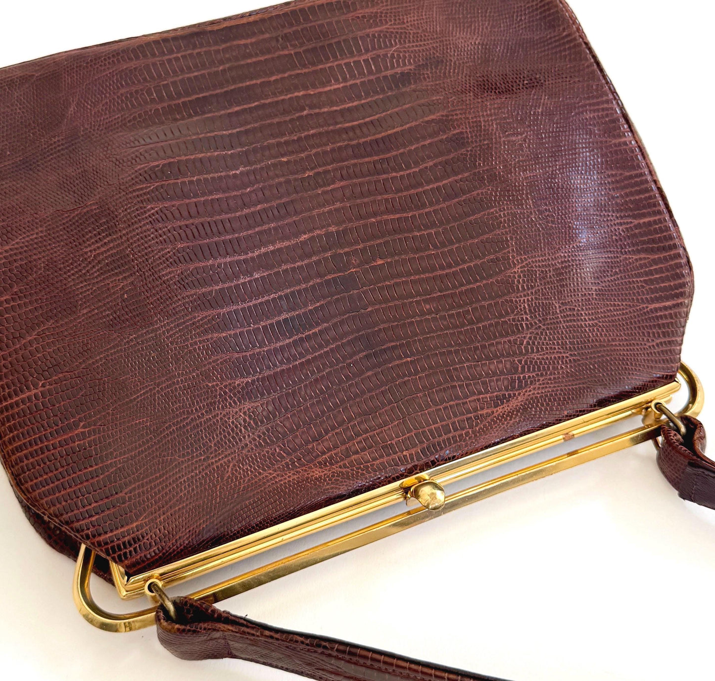 Chocolate Brown Lizard Bag Purse Mid Century Vintage 50's Bellstone Reptile Skin Gold Tone Frame