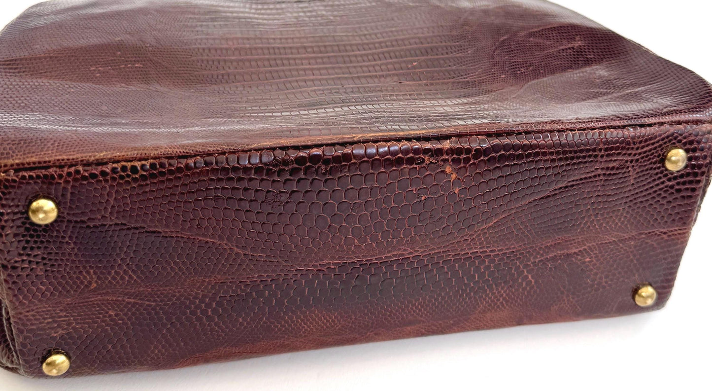 Chocolate Brown Lizard Bag Purse Mid Century Vintage 50's Bellstone Reptile Skin Gold Tone Frame