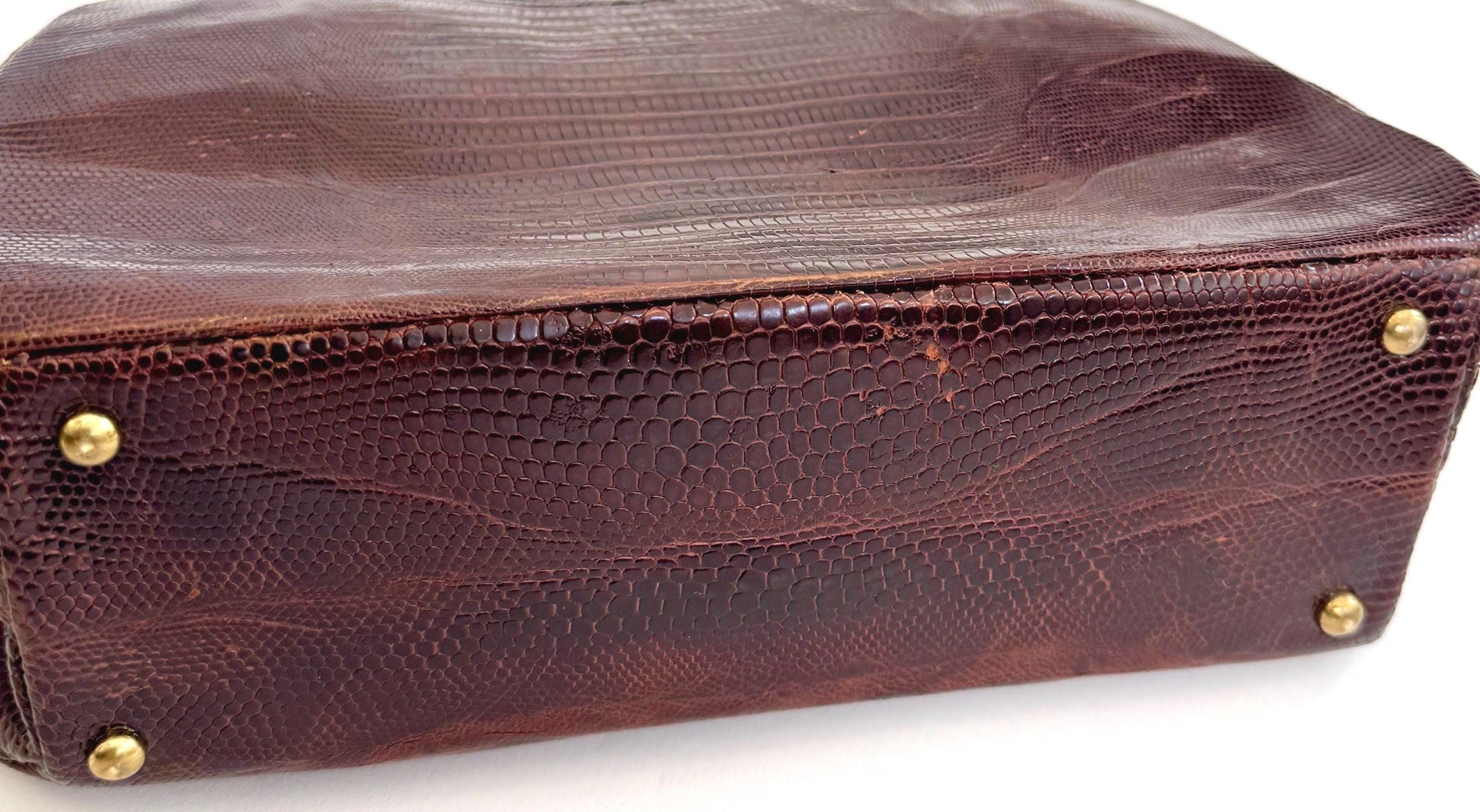 Chocolate Brown Lizard Bag Purse Mid Century Vintage 50's Bellstone Reptile Skin Gold Tone Frame