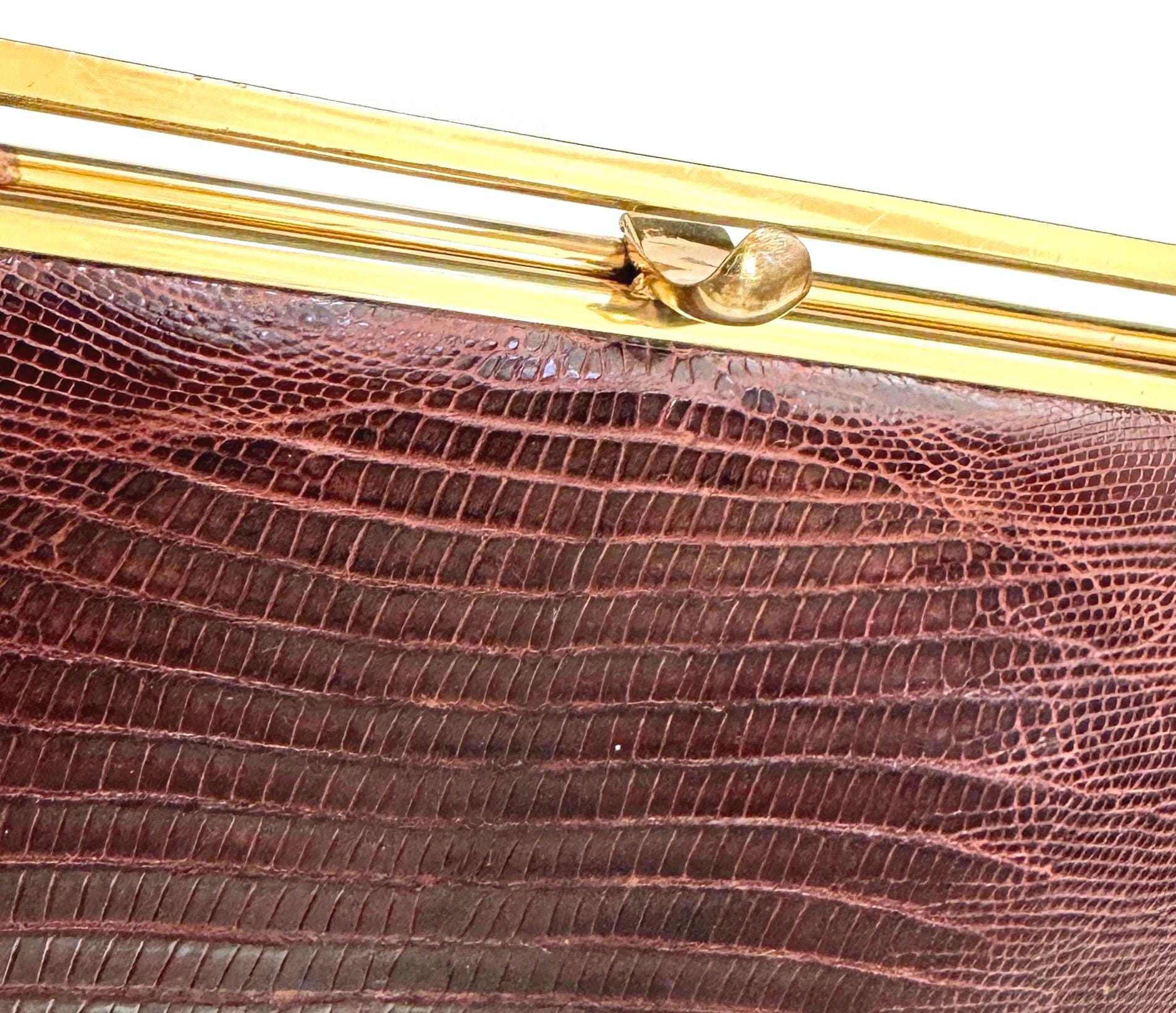 Chocolate Brown Lizard Bag Purse Mid Century Vintage 50's Bellstone Reptile Skin Gold Tone Frame