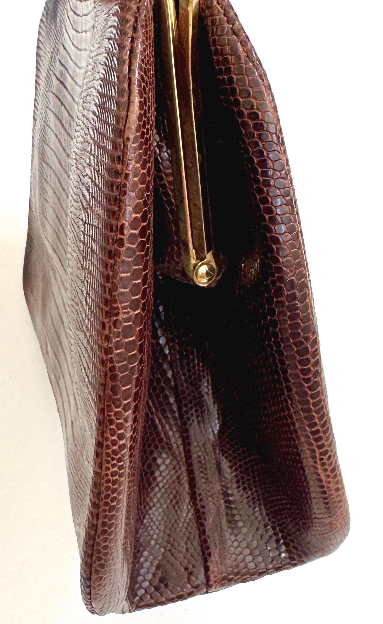 Chocolate Brown Lizard Bag Purse Mid Century Vintage 50's Bellstone Reptile Skin Gold Tone Frame