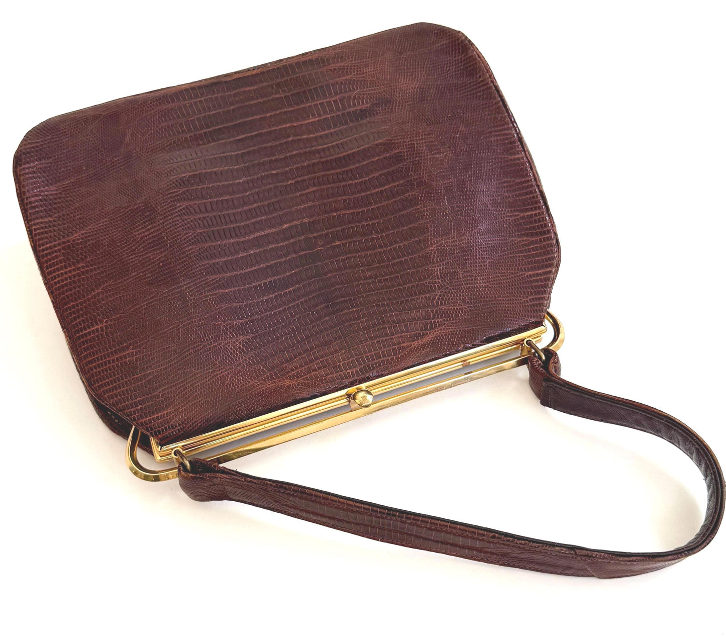 Chocolate Brown Lizard Bag Purse Mid Century Vintage 50's Bellstone Reptile Skin Gold Tone Frame