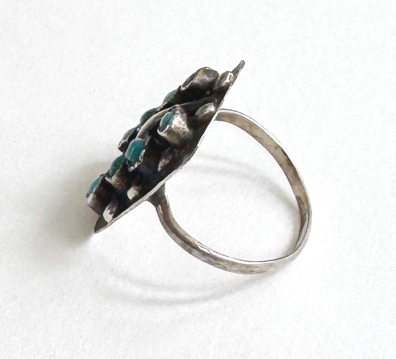 Antique Zuni Turquoise Ring 30s 40s Native American Handcrafted Sterling Silver Snake Eye Set Stones Size 7.5