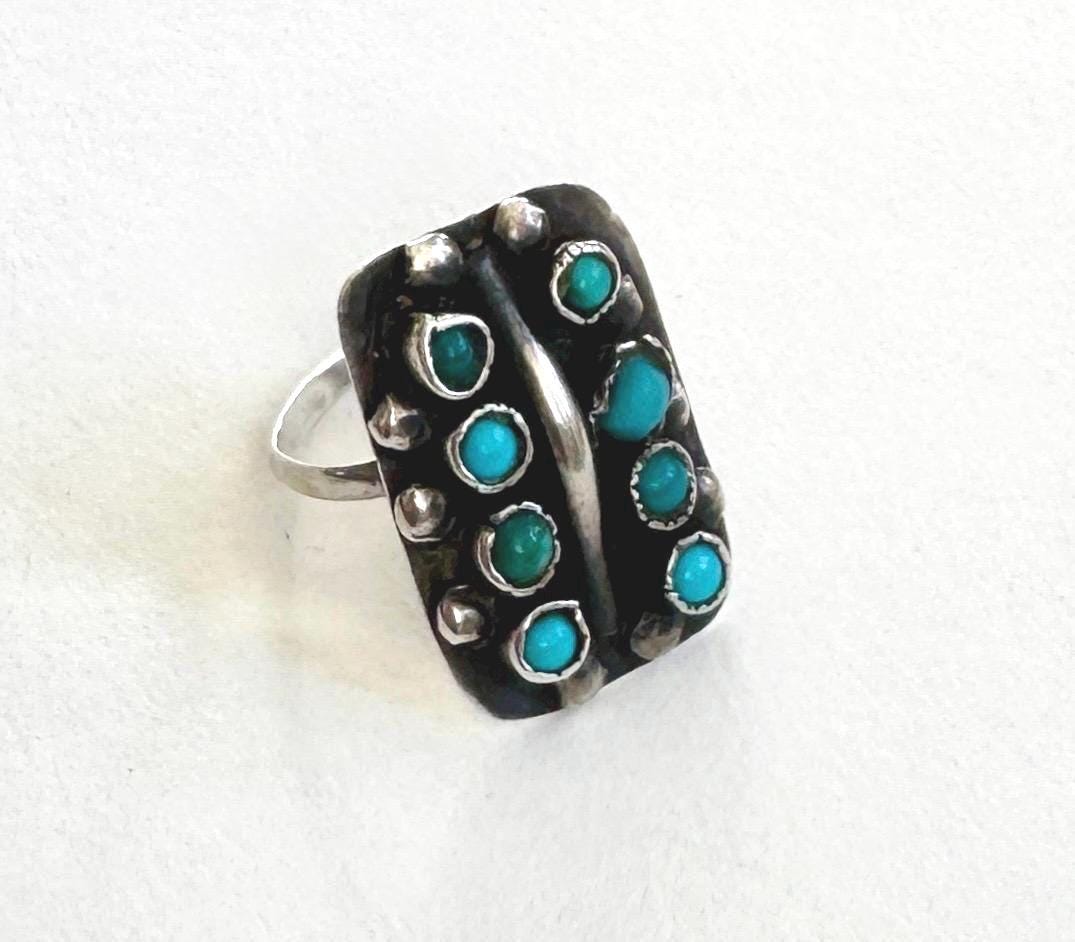 Antique Zuni Turquoise Ring 30s 40s Native American Handcrafted Sterling Silver Snake Eye Set Stones Size 7.5
