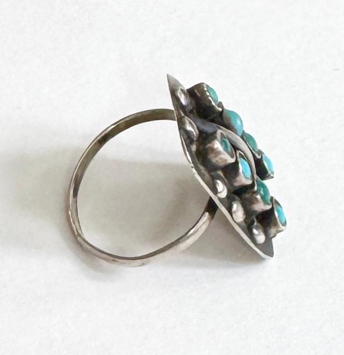 Antique Zuni Turquoise Ring 30s 40s Native American Handcrafted Sterling Silver Snake Eye Set Stones Size 7.5