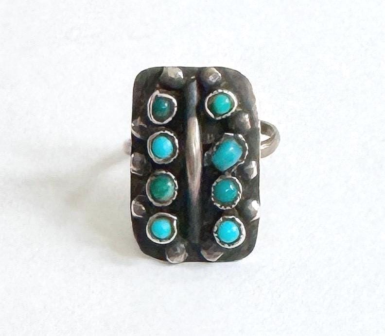 Antique Zuni Turquoise Ring 30s 40s Native American Handcrafted Sterling Silver Snake Eye Set Stones Size 7.5