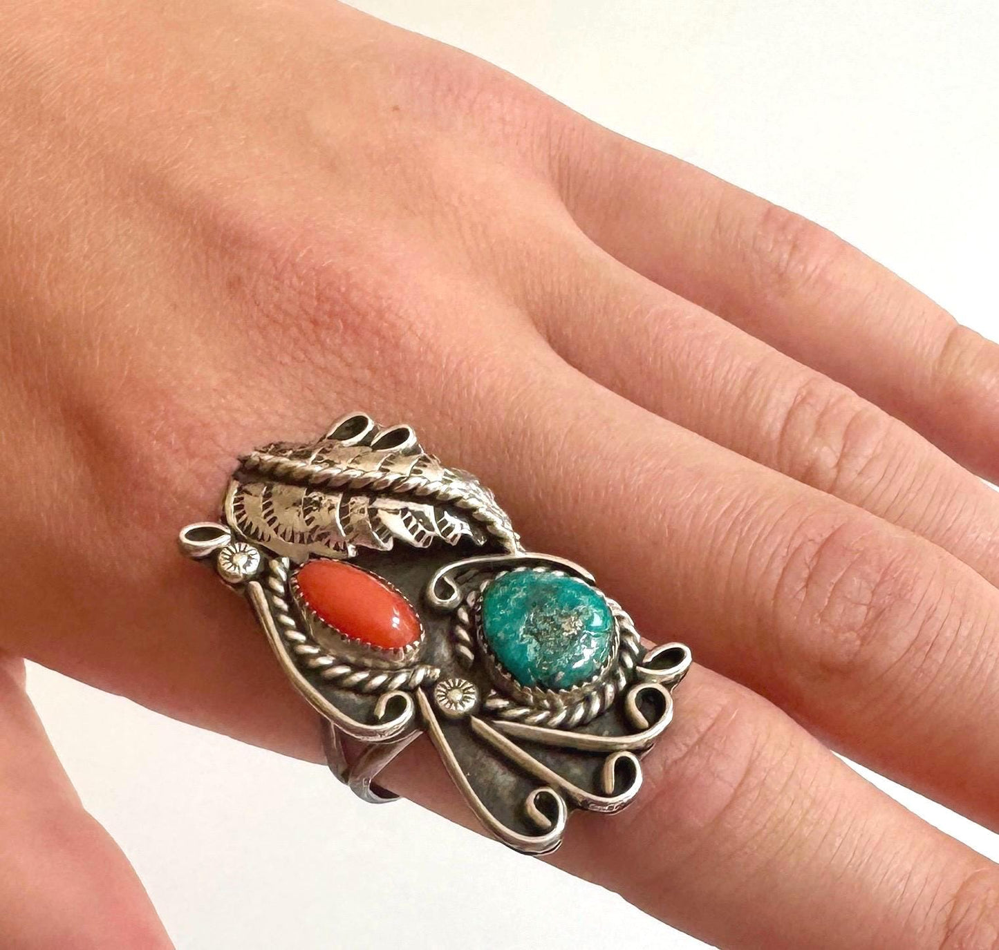 Vintage Navajo Turquoise 60s 70s Vintage Native American Sterling Silver Size 8.75 9
