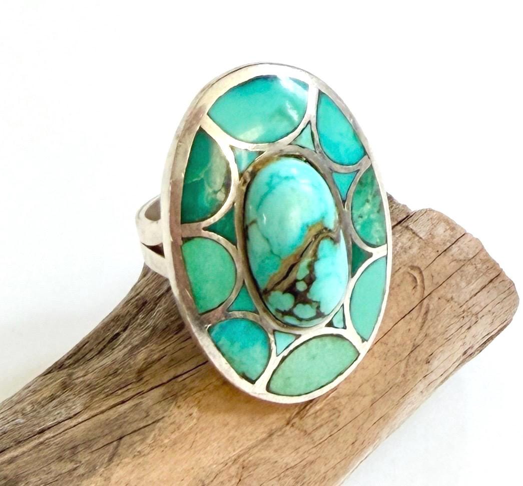 Hefty Zuni Turquoise Ring Signed Vintage Native American Sterling Silver