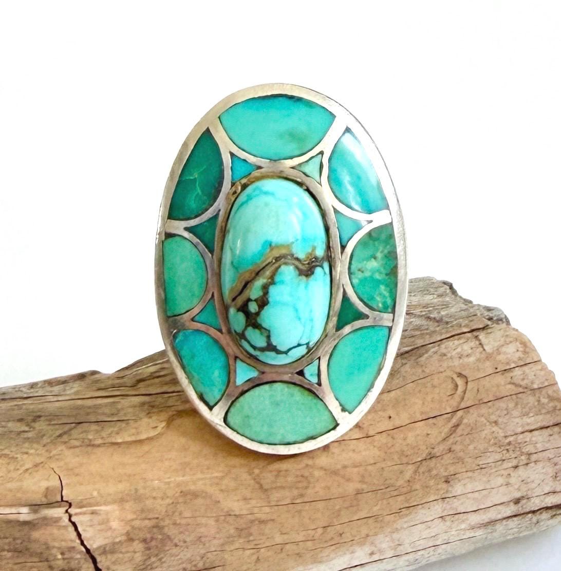 Hefty Zuni Turquoise Ring Signed Vintage Native American Sterling Silver