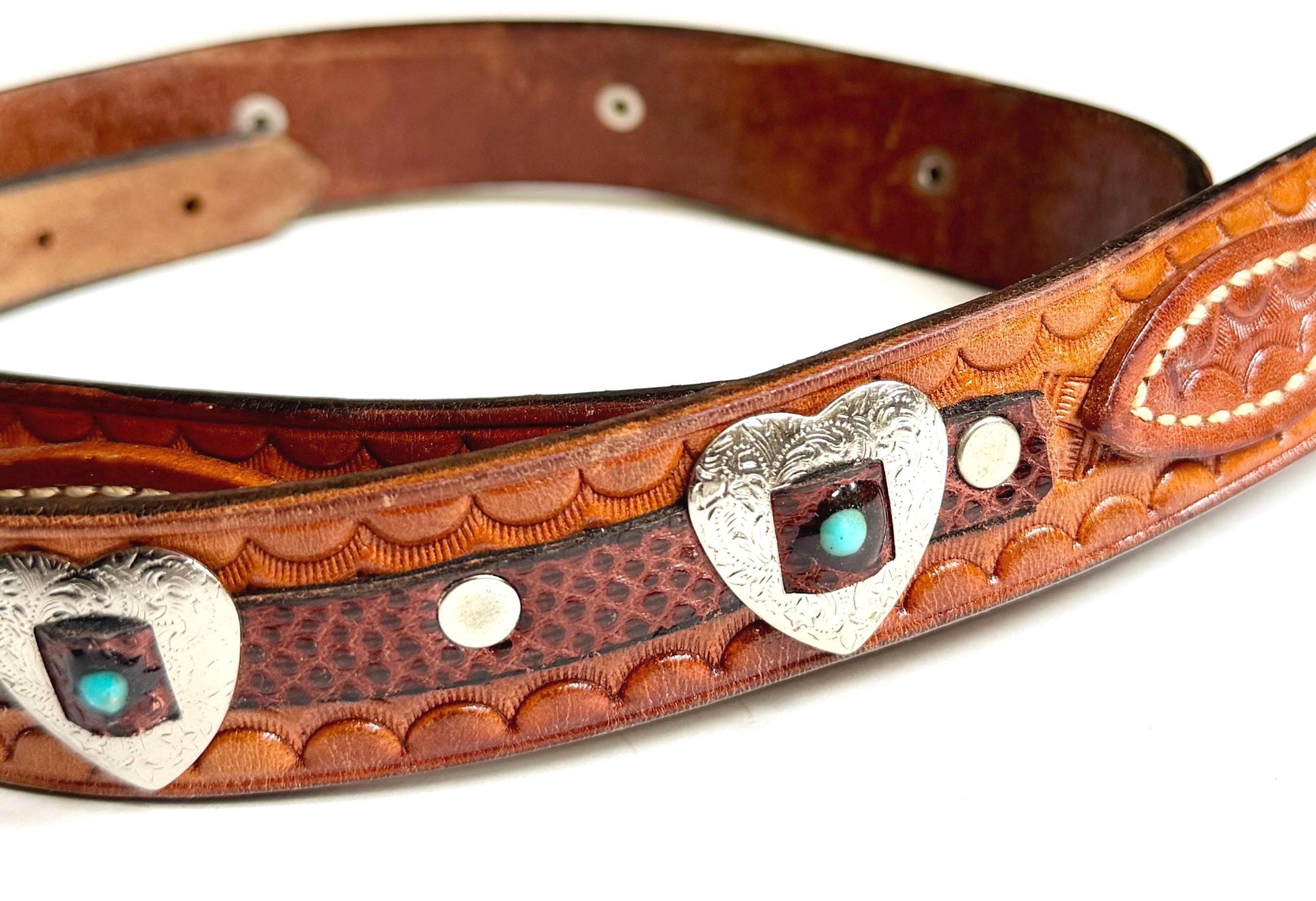 Vintage Western Concho Belt Brown Leather Heart Conchas Turquoise Accents