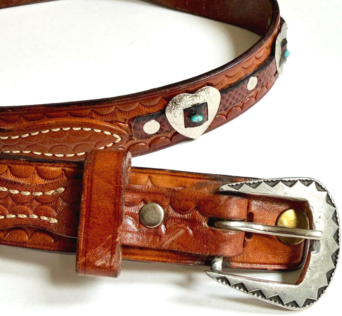 Vintage Western Concho Belt Brown Leather Heart Conchas Turquoise Accents