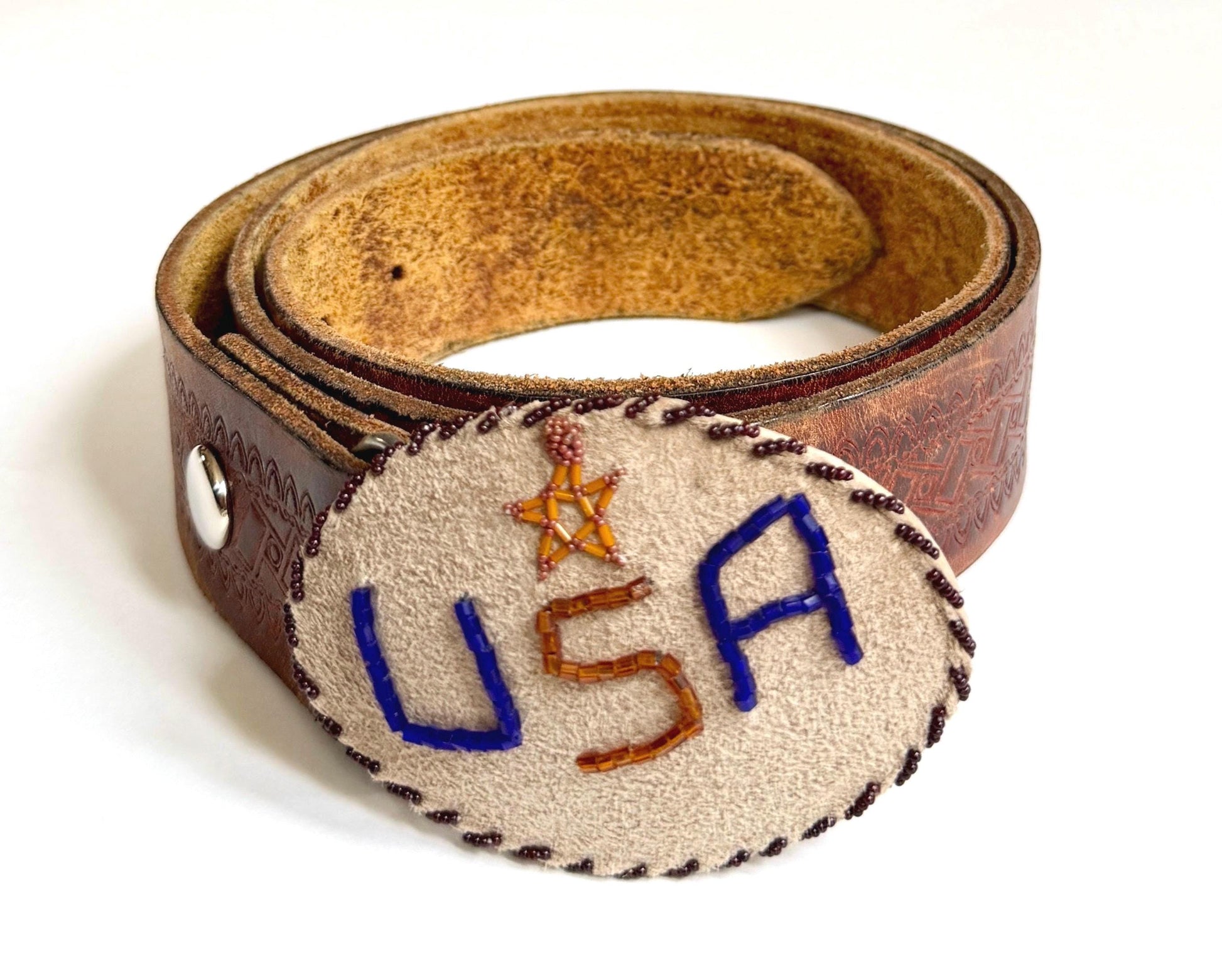 Signed Vintage Western USA Beaded Buckle Tooled Brown Leather Belt Strap