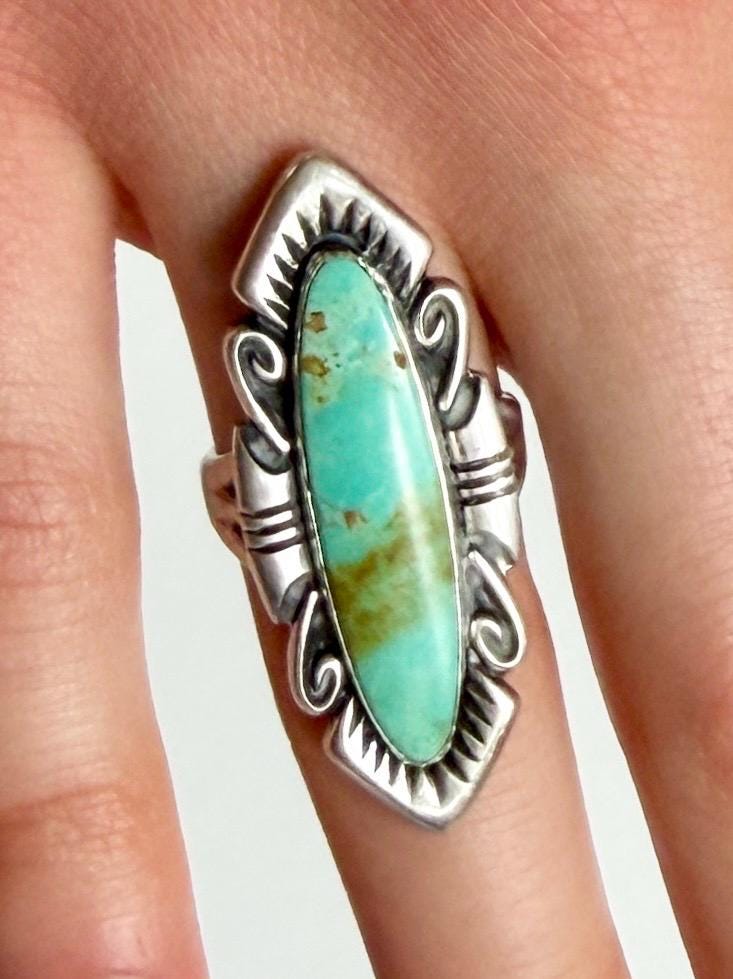 Long Bell Trading Turquoise Ring Vintage Native American Navajo Sterling Silver 6.25