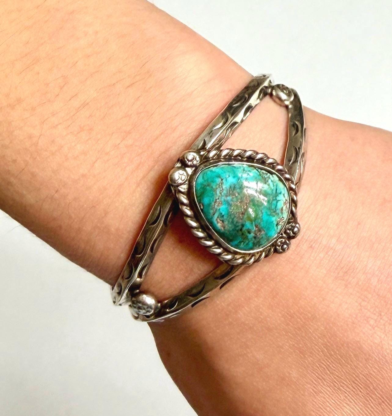 Vintage Navajo Turquoise Cuff Bracelet 60s 70s Signed Native American Handcrafted Sterling Silver
