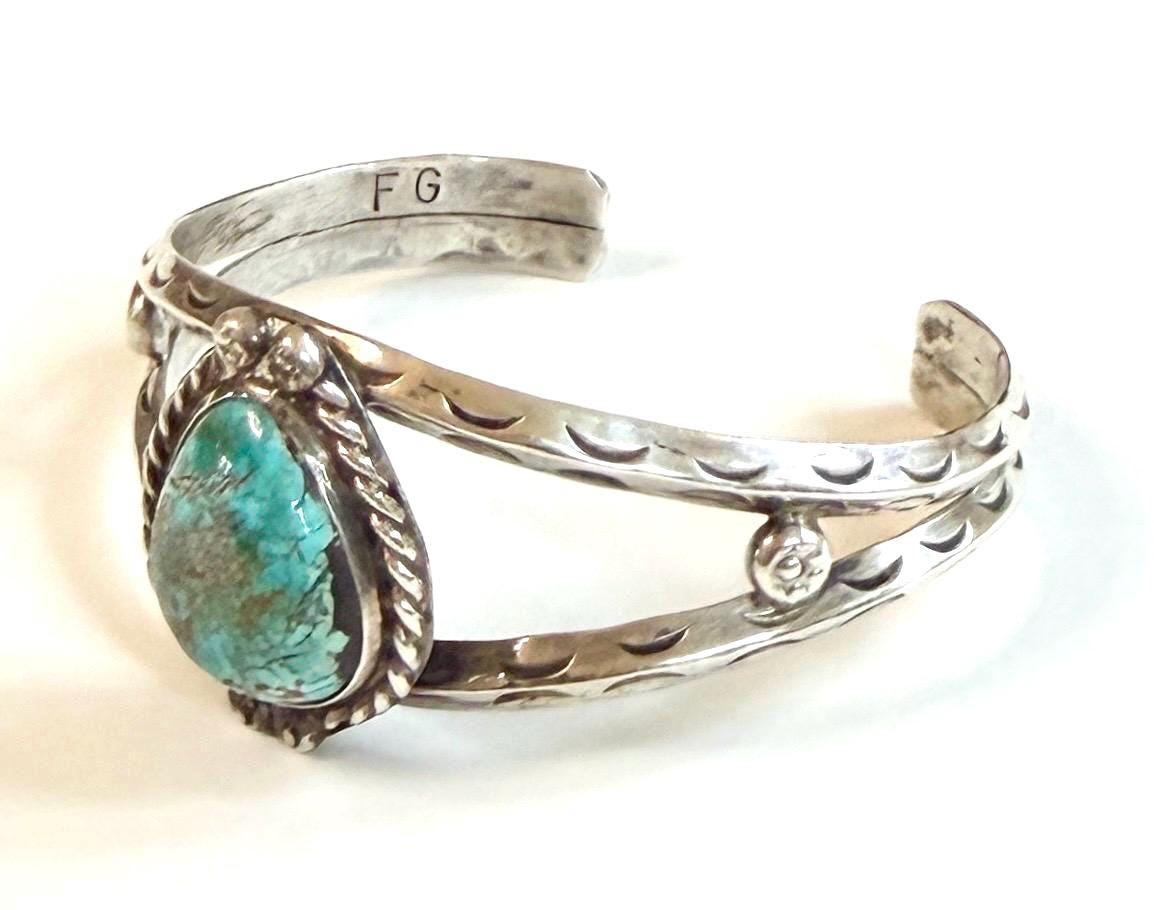 Vintage Navajo Turquoise Cuff Bracelet 60s 70s Signed Native American Handcrafted Sterling Silver