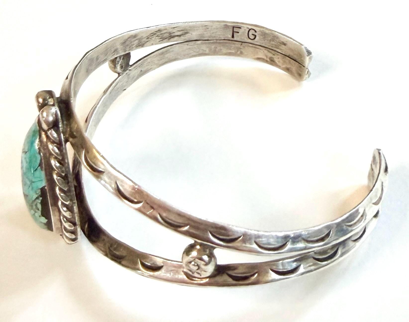 Vintage Navajo Turquoise Cuff Bracelet 60s 70s Signed Native American Handcrafted Sterling Silver