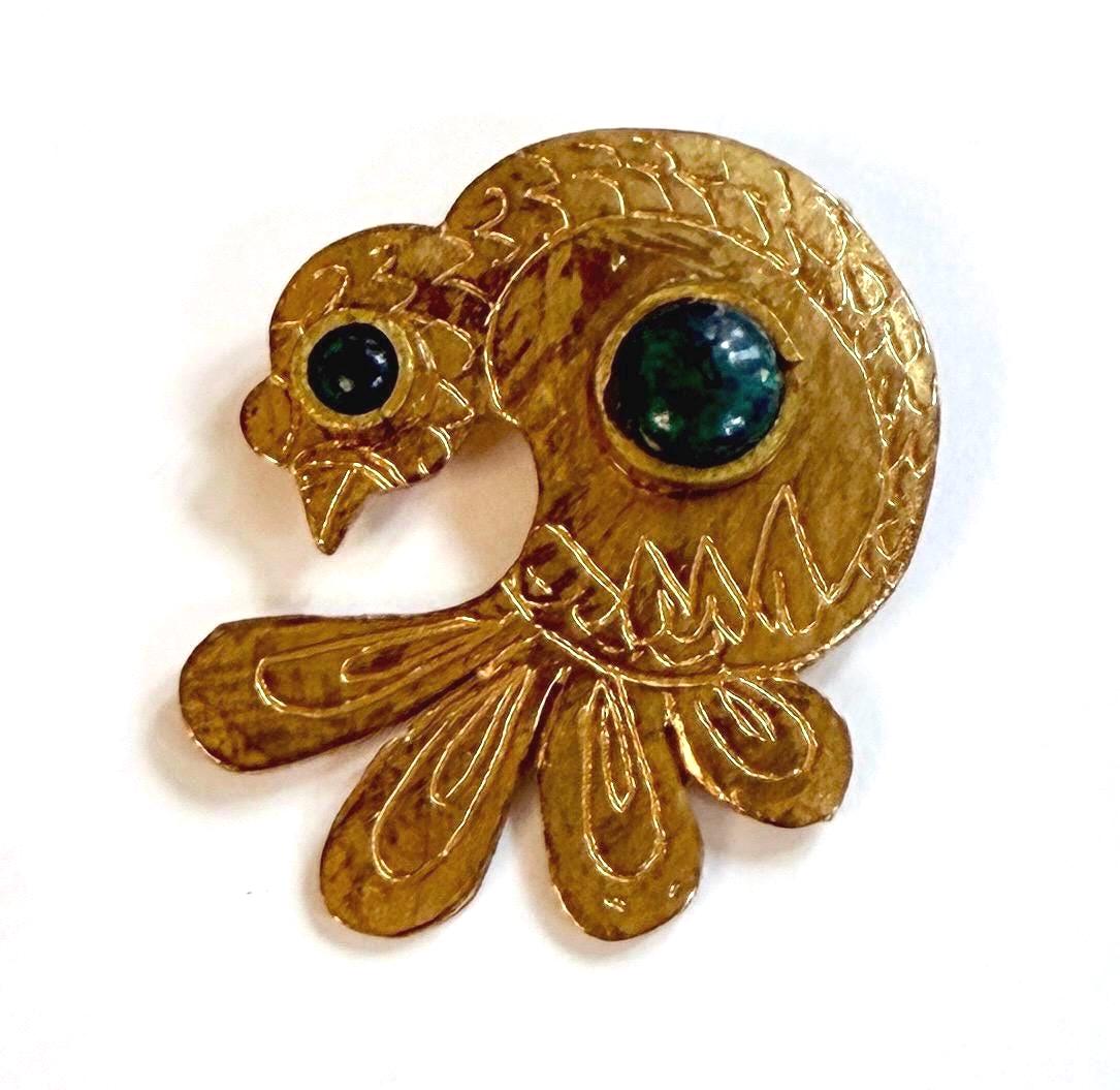 Mid Century Vintage Gold Bird Brooch Pin Green Stone Accent
