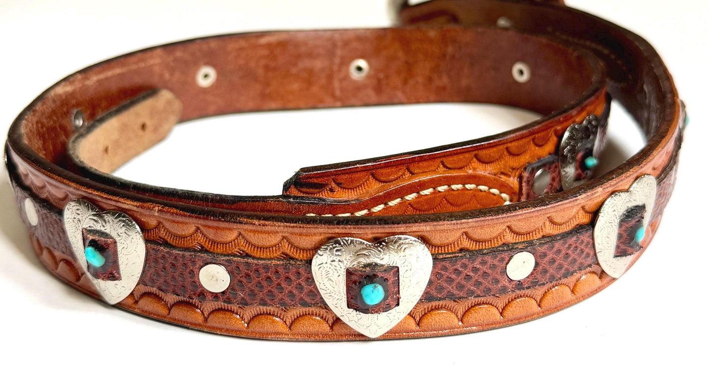 Vintage Western Concho Belt Brown Leather Heart Conchas Turquoise Accents