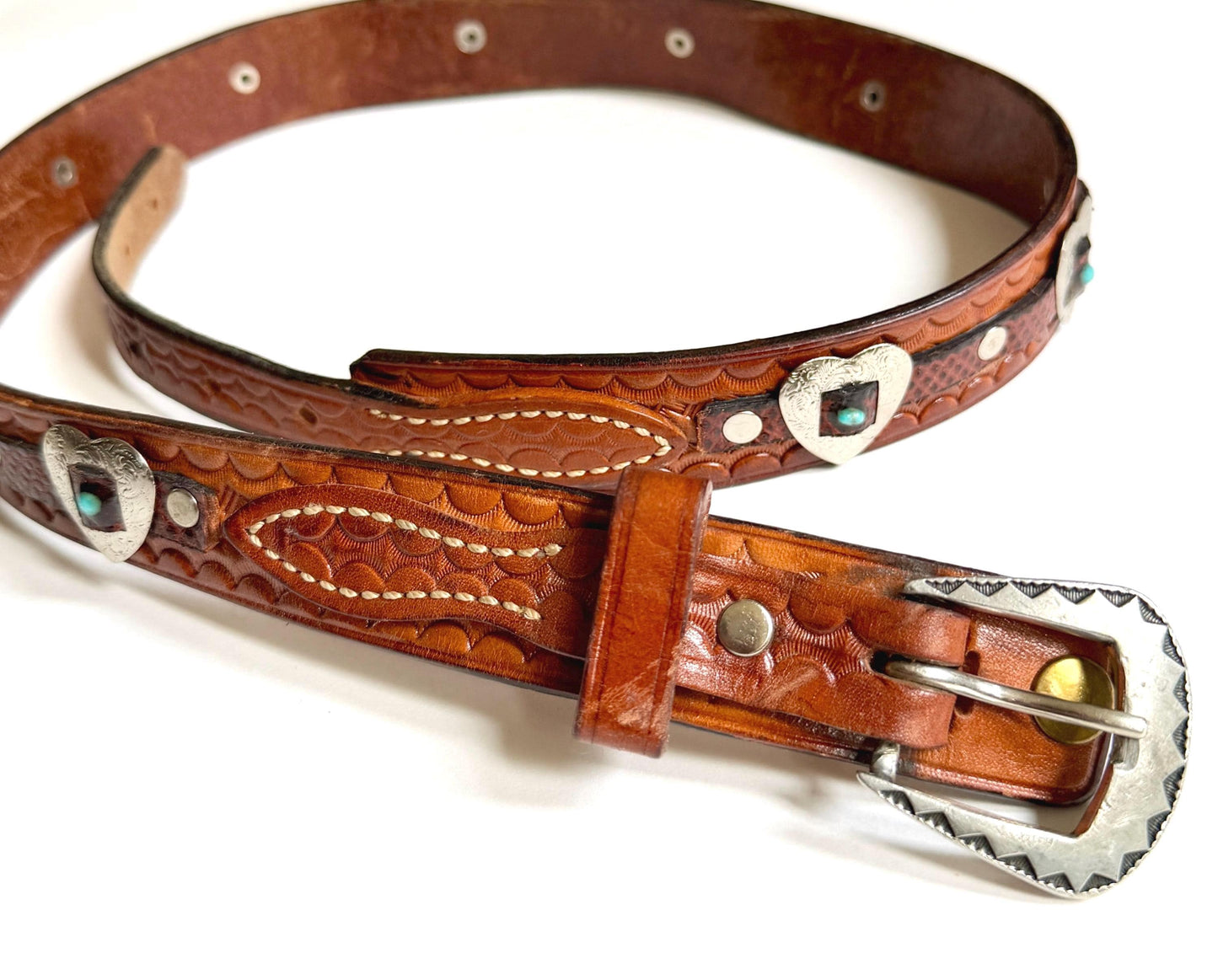 Vintage Western Concho Belt Brown Leather Heart Conchas Turquoise Accents