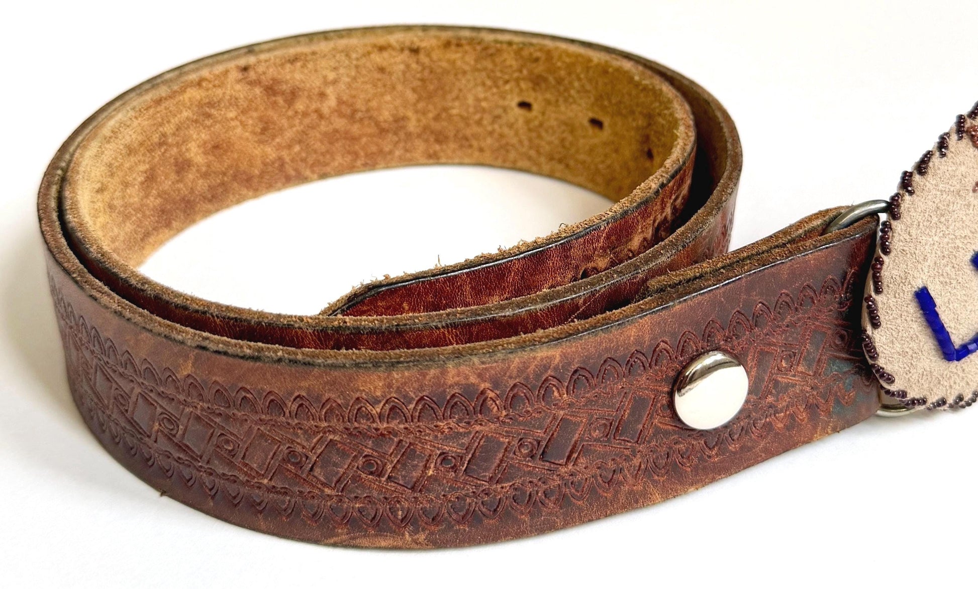 Signed Vintage Western USA Beaded Buckle Tooled Brown Leather Belt Strap