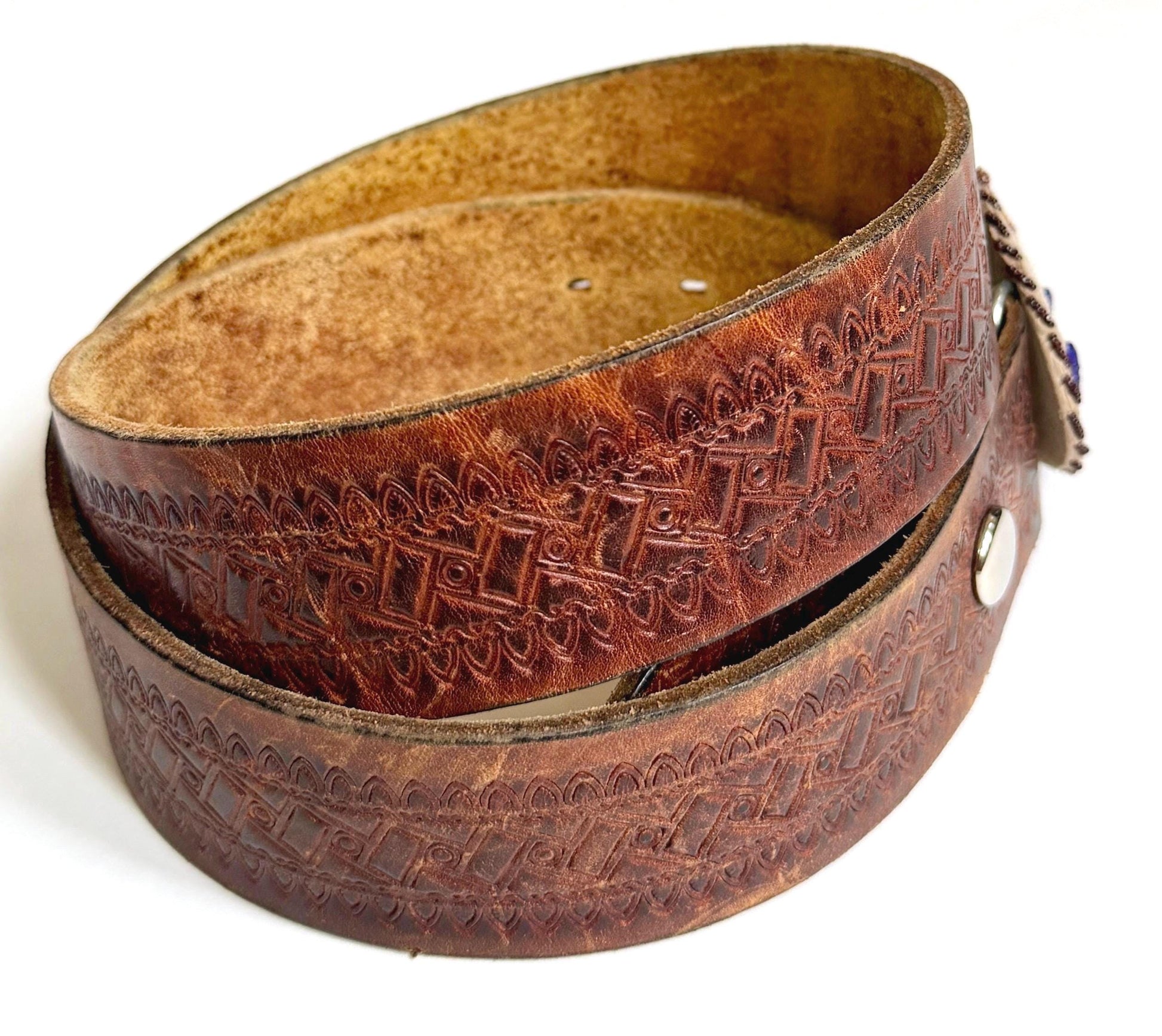 Signed Vintage Western USA Beaded Buckle Tooled Brown Leather Belt Strap