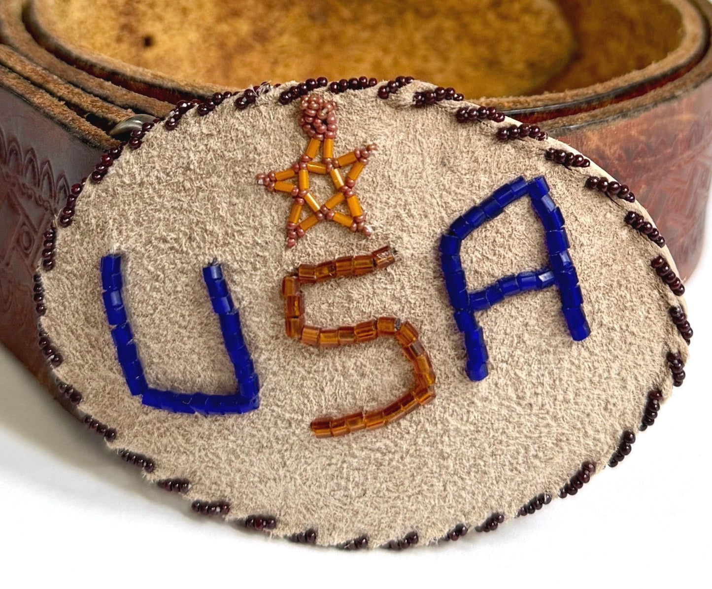 Signed Vintage Western USA Beaded Buckle Tooled Brown Leather Belt Strap