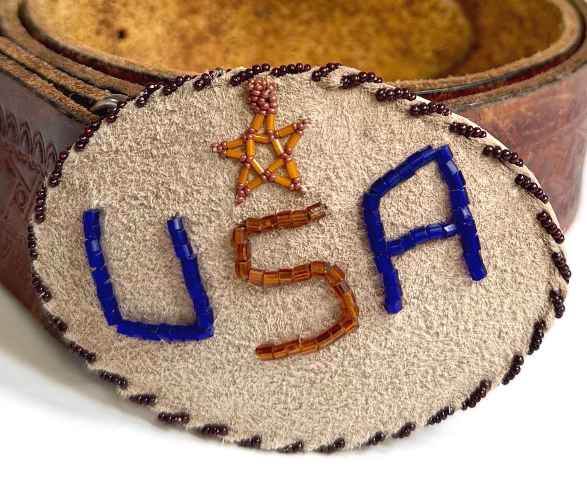 Signed Vintage Western USA Beaded Buckle Tooled Brown Leather Belt Strap