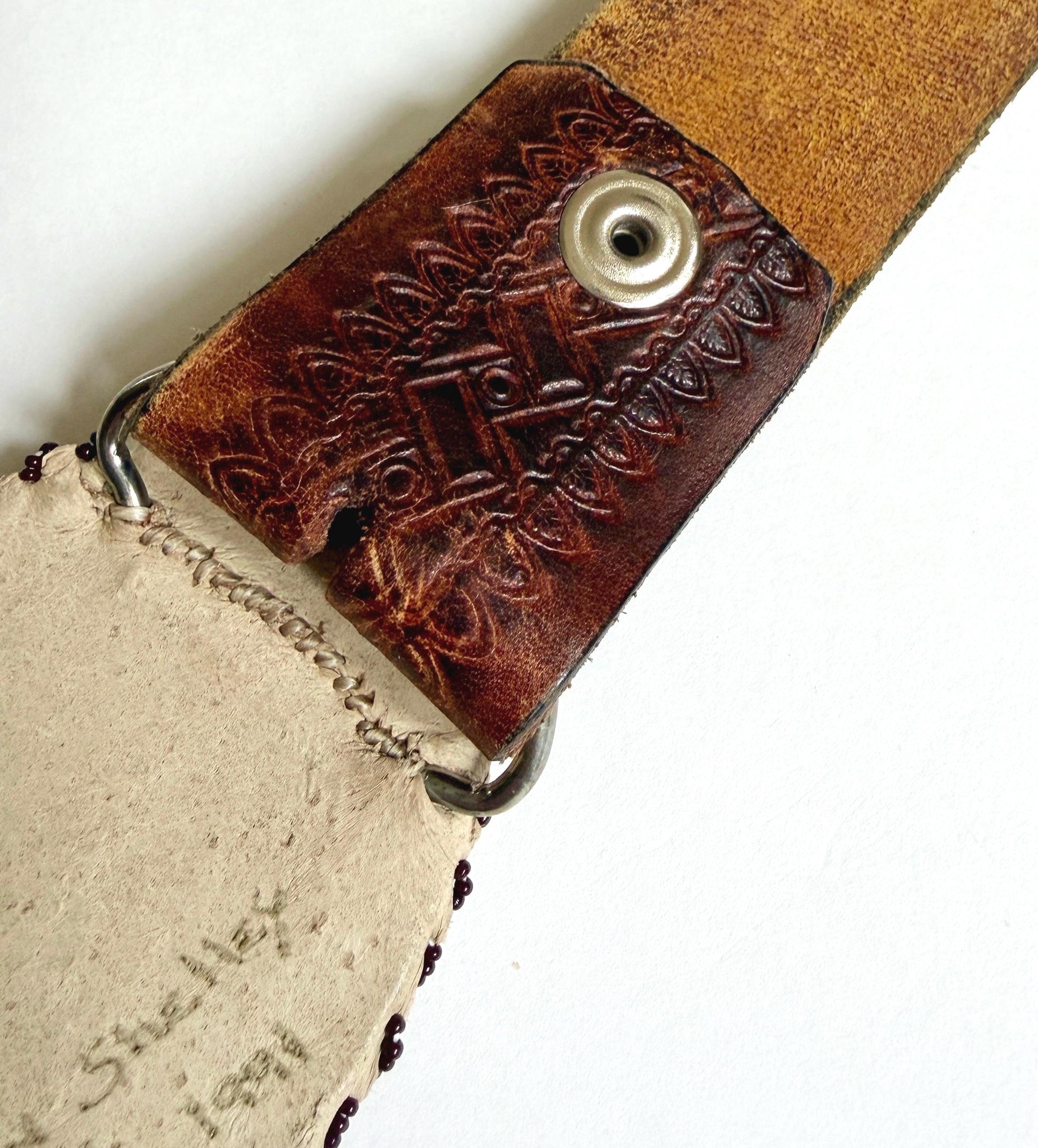 Signed Vintage Western USA Beaded Buckle Tooled Brown Leather Belt Strap