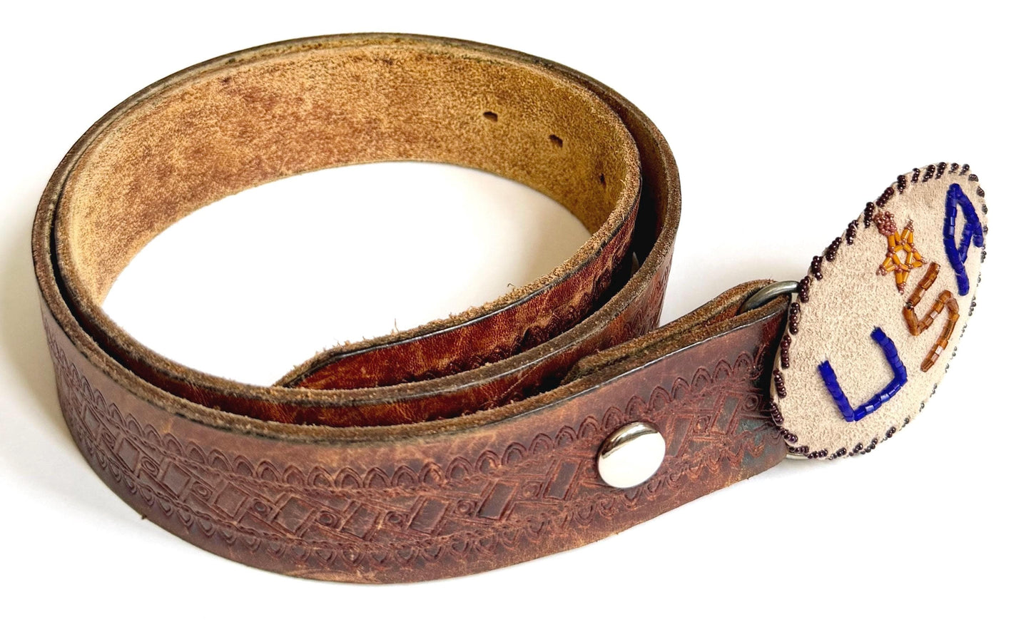 Signed Vintage Western USA Beaded Buckle Tooled Brown Leather Belt Strap