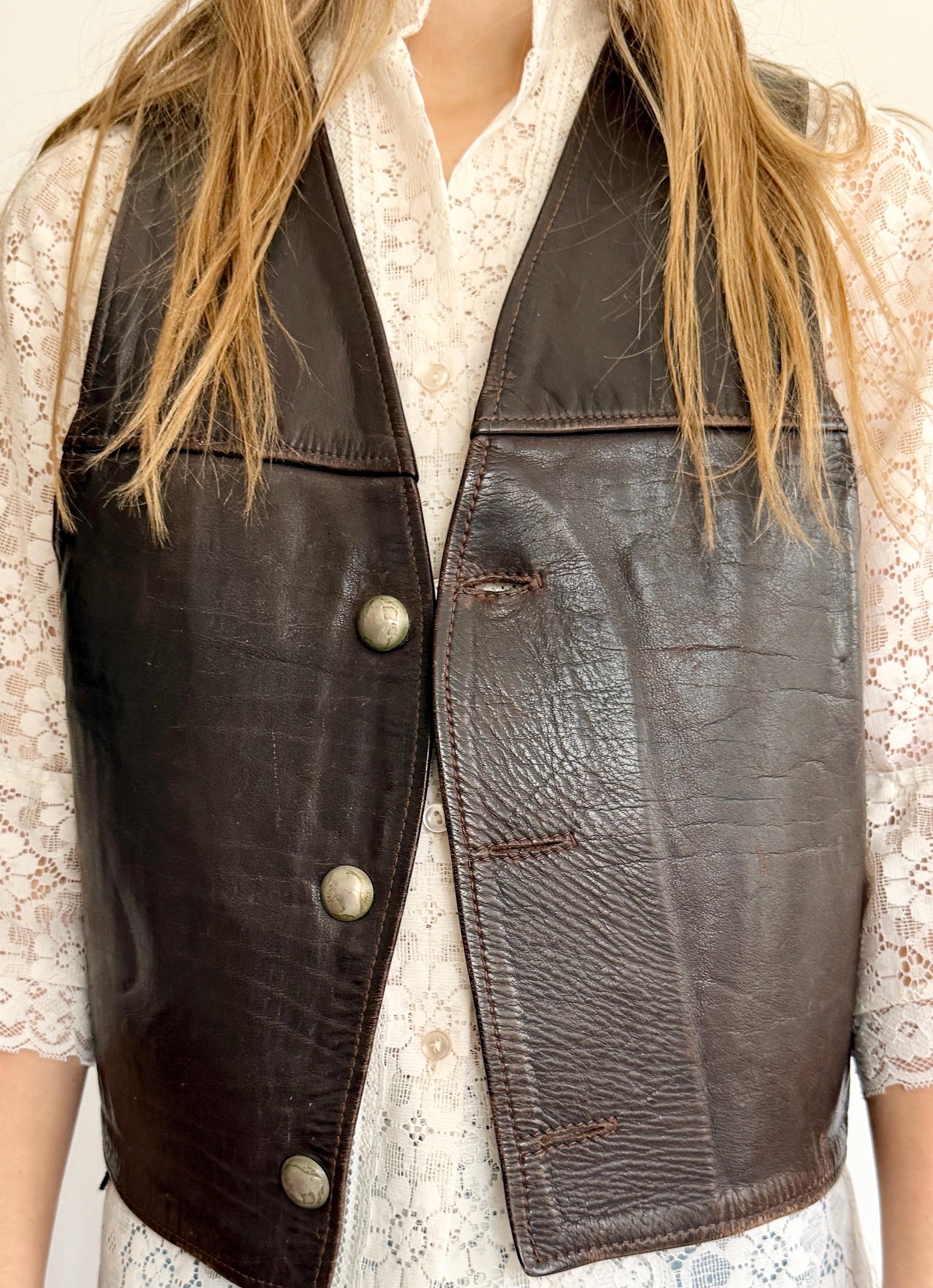 Handmade Vintage Western Leather Vest Buffalo Nickel Buttons