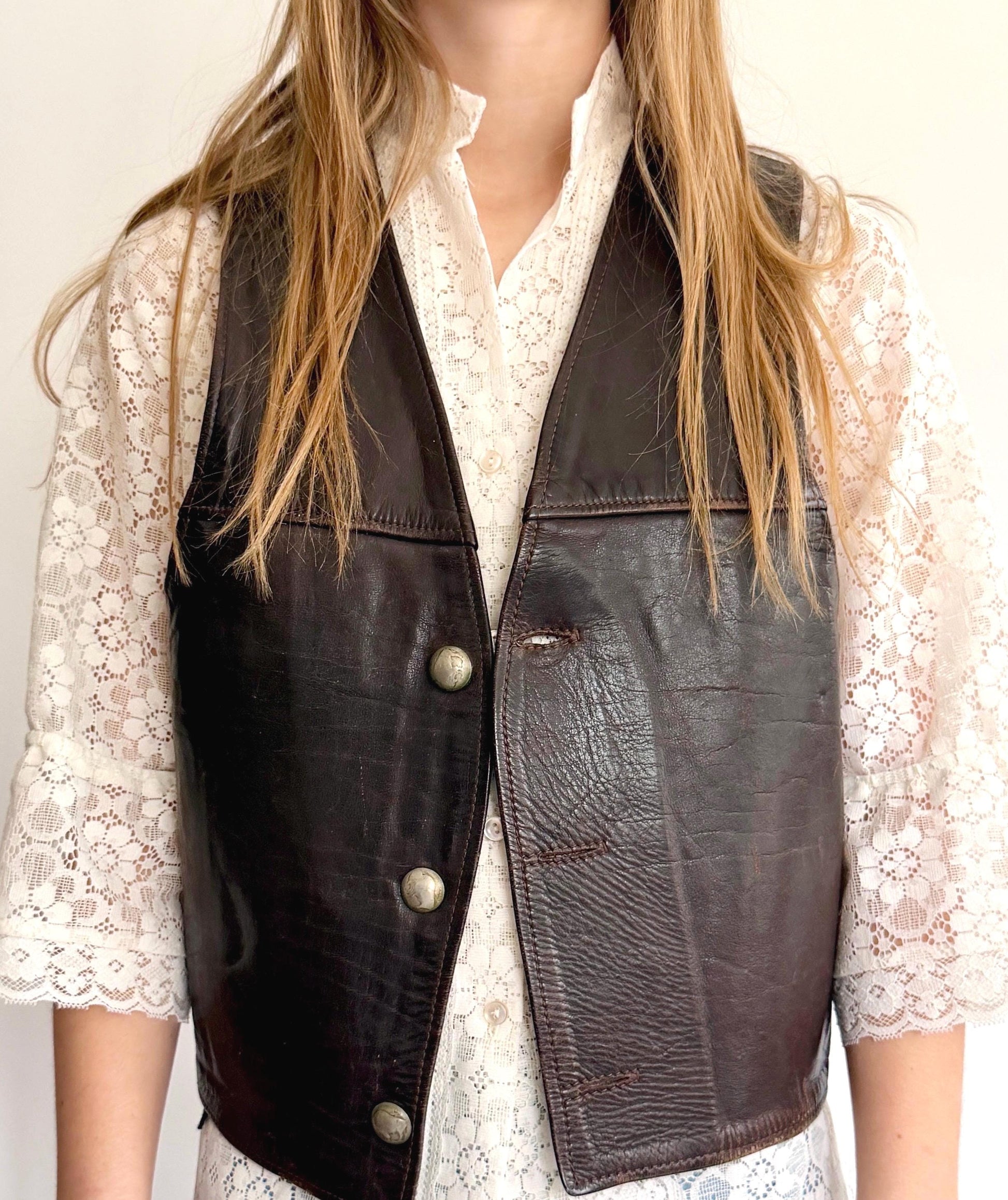 Handmade Vintage Western Leather Vest Buffalo Nickel Buttons