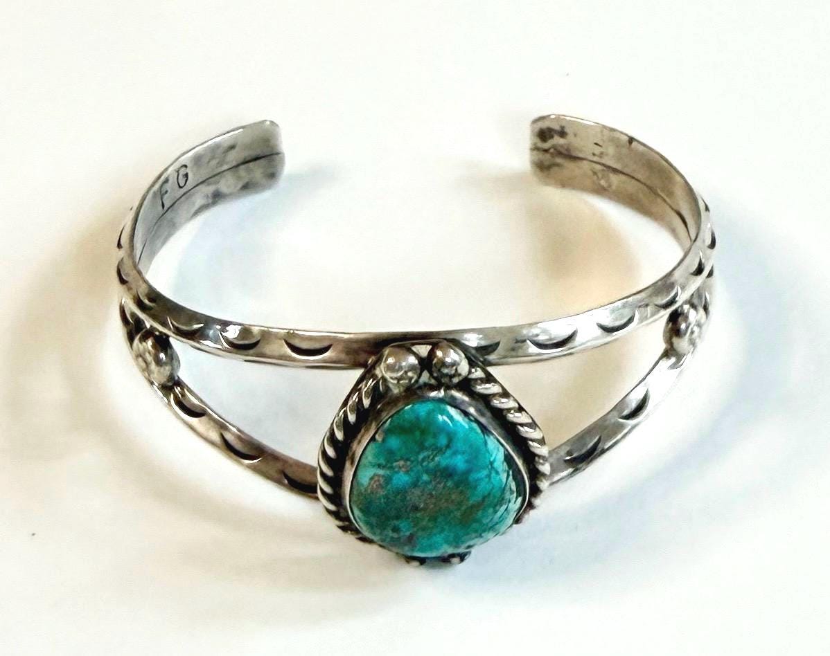 Vintage Navajo Turquoise Cuff Bracelet 60s 70s Signed Native American Handcrafted Sterling Silver