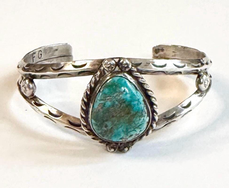 Vintage Navajo Turquoise Cuff Bracelet 60s 70s Signed Native American Handcrafted Sterling Silver