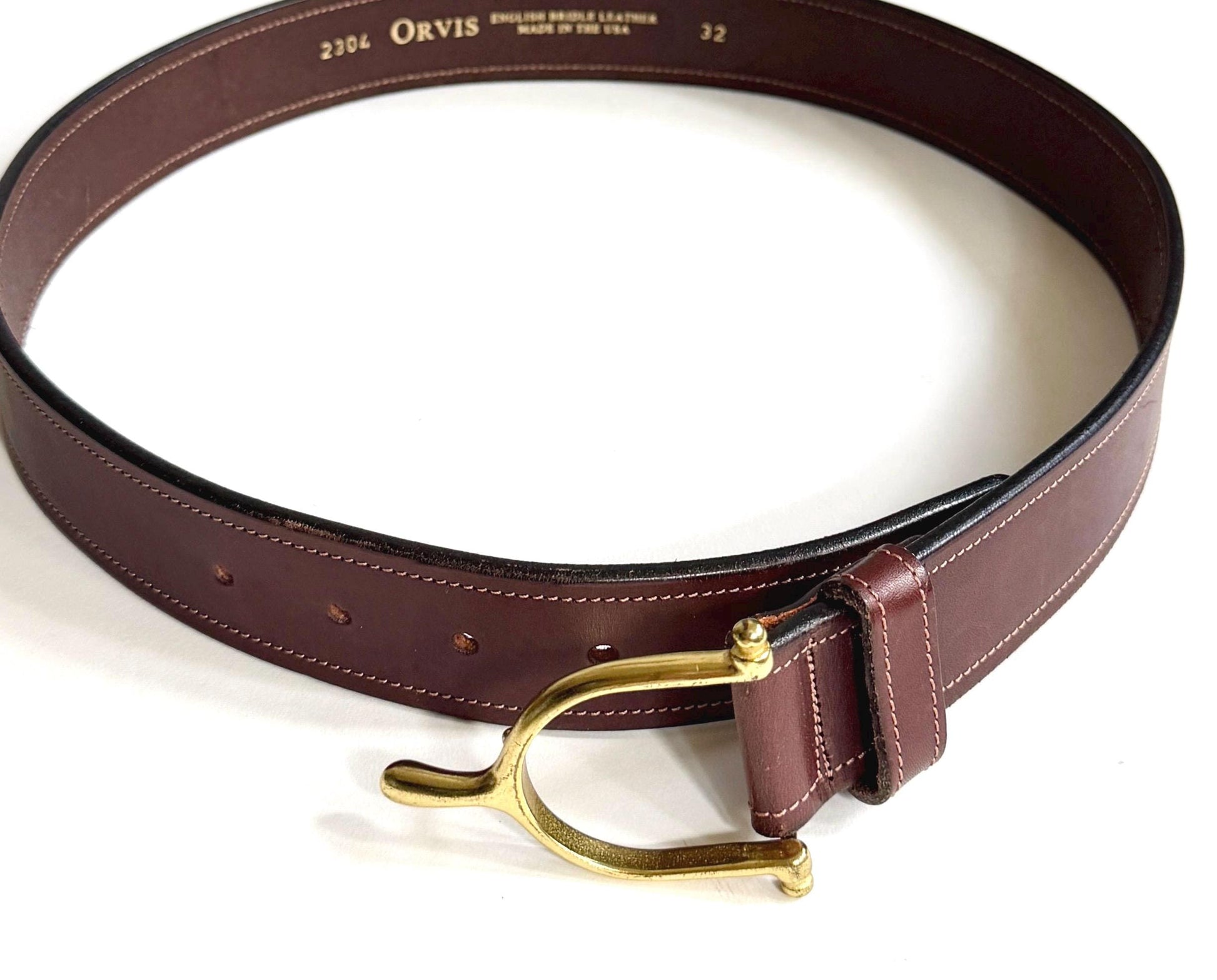 Vintage Equestrian Belt Brass English Stirrup Buckle Brown Leather Strap