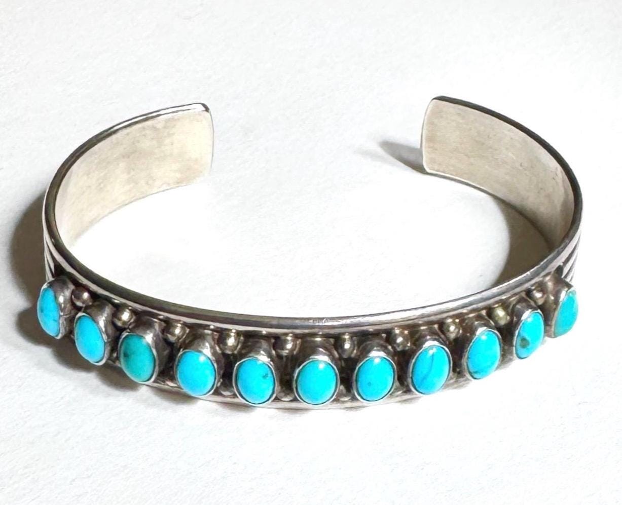 Signed Navajo Turquoise Cuff Bracelet Native American Handmade Sterling Silver