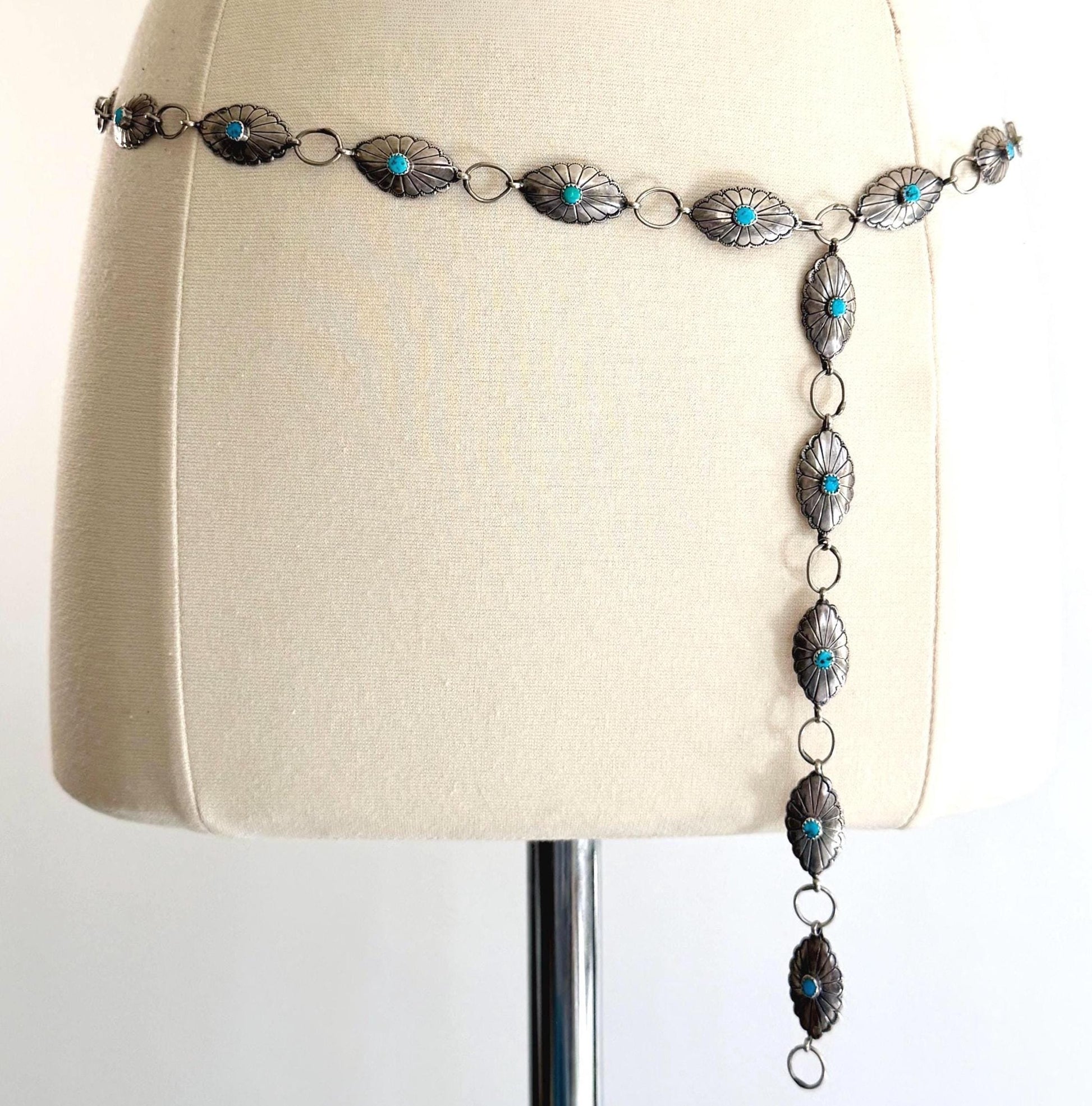 Vintage Sterling Silver Turquoise Concho Belt Native American Navajo Handcrafted
