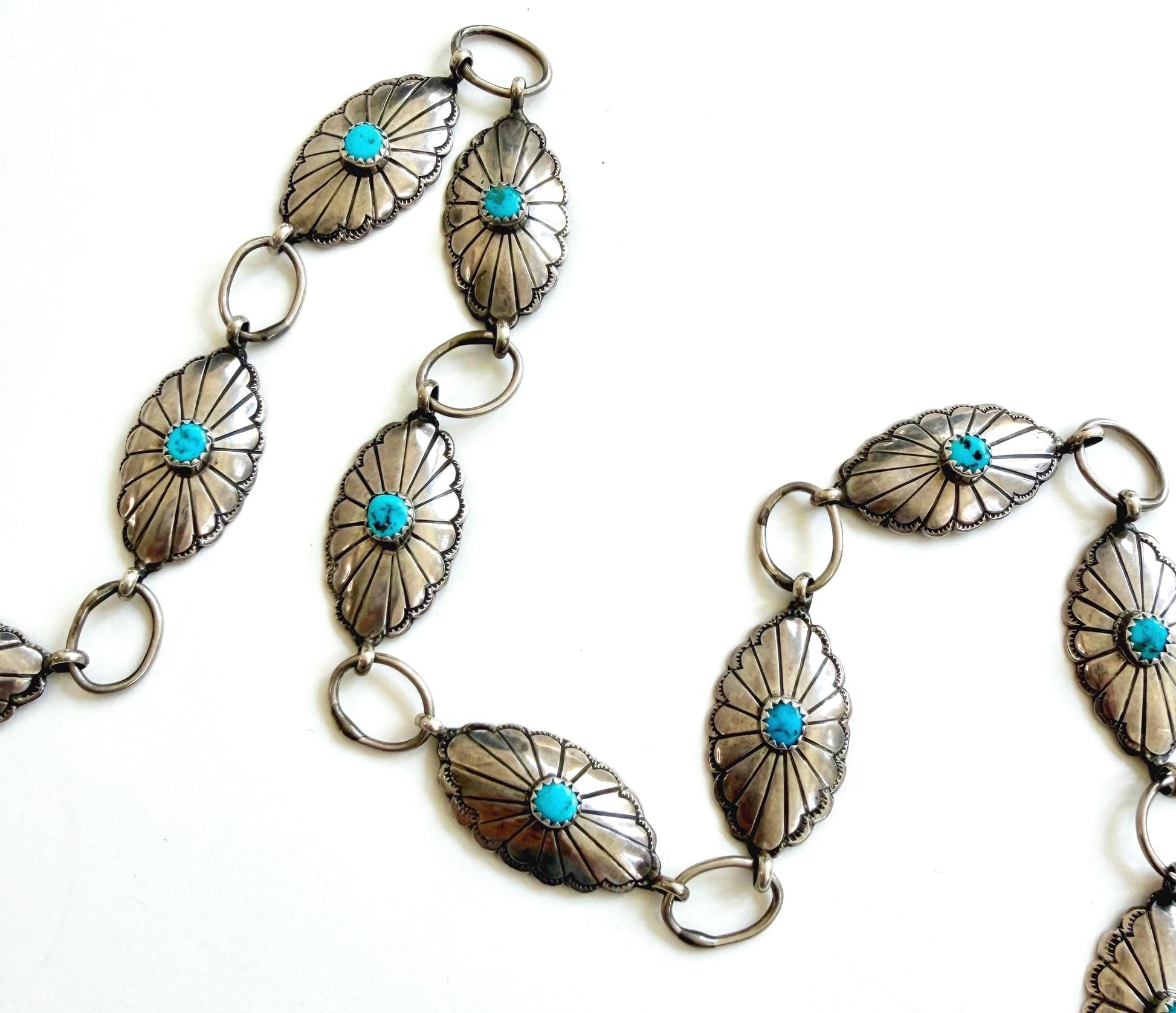 Vintage Sterling Silver Turquoise Concho Belt Native American Navajo Handcrafted