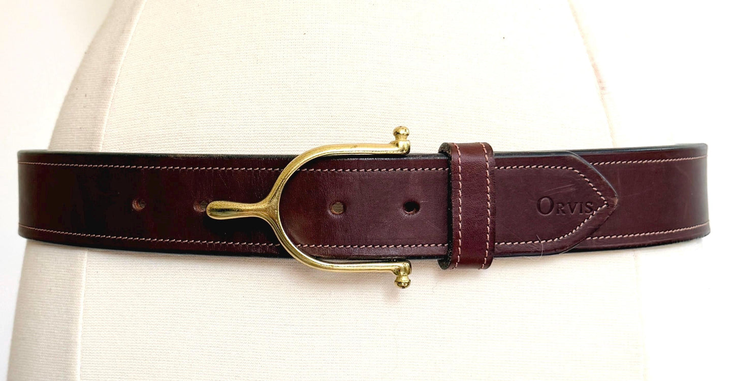 Vintage Equestrian Belt Brass English Stirrup Buckle Brown Leather Strap