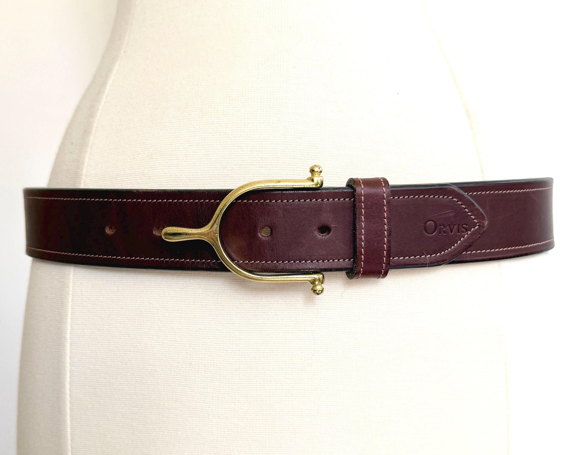 Vintage Equestrian Belt Brass English Stirrup Buckle Brown Leather Strap