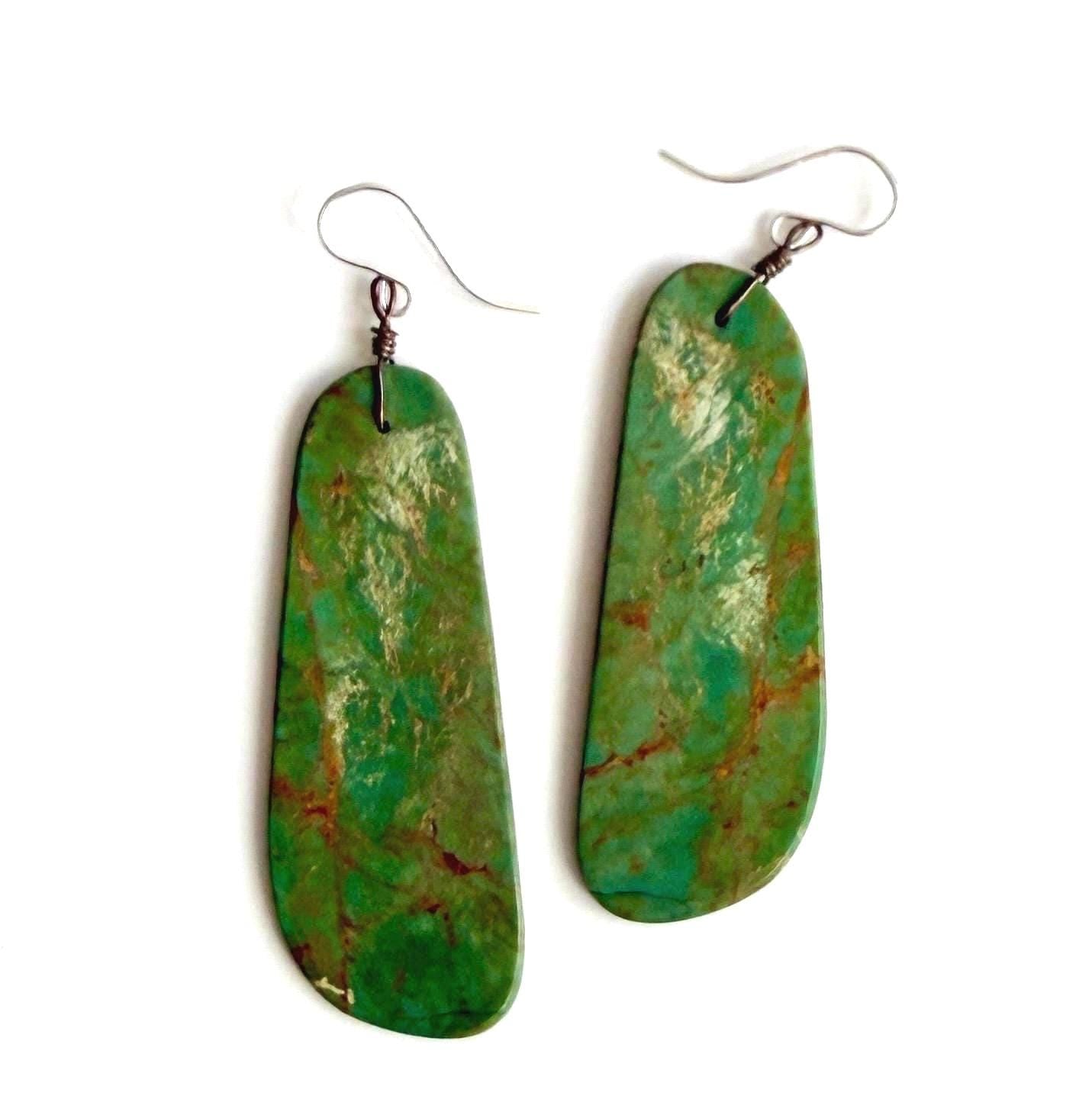 Vintage Green Turquoise Slab Earrings 2.75" Drop Native American Santo Domingo