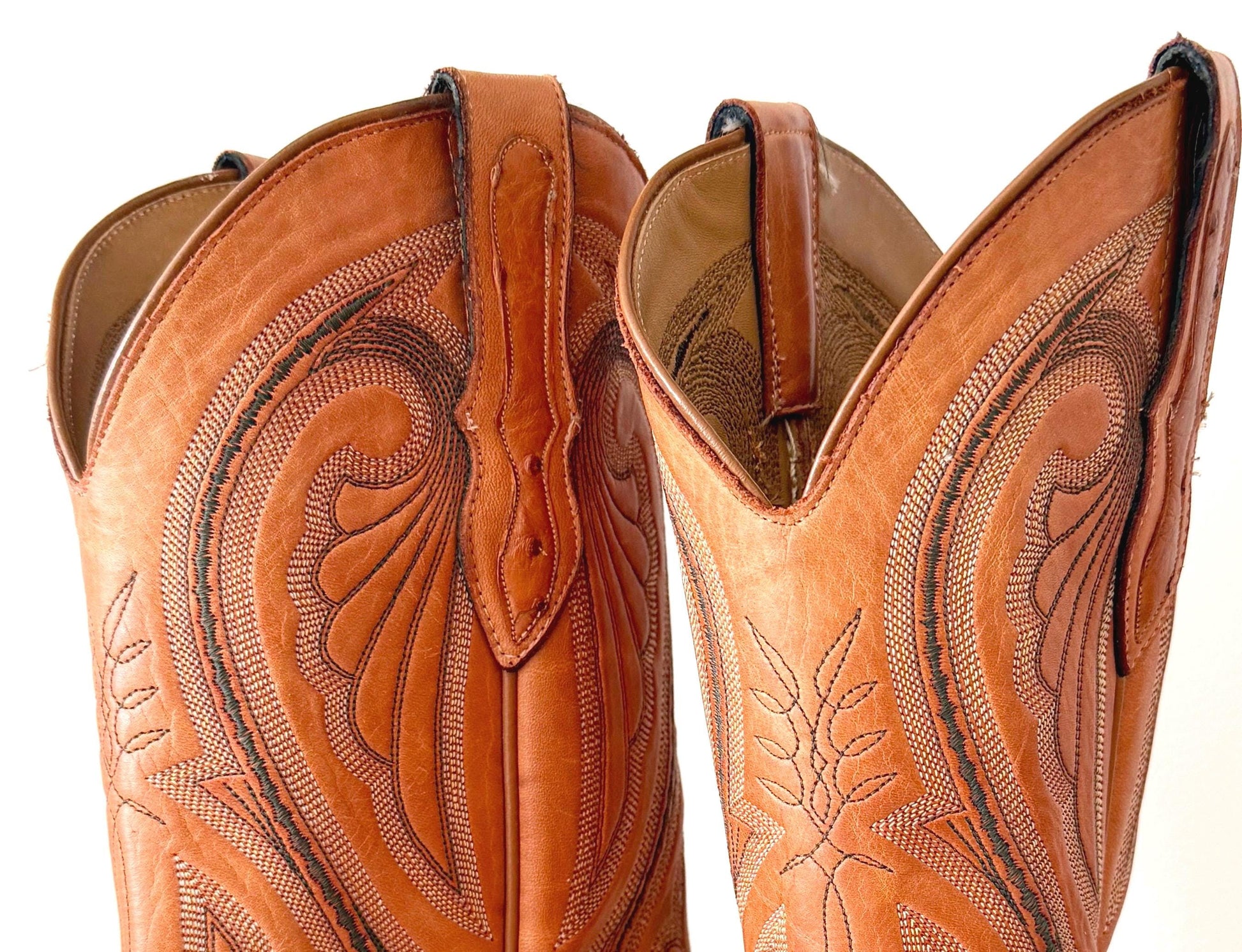 Vintage Larry Mahan Western Cowboy Boots Tan Brown Full Ostrich Quill and Leather