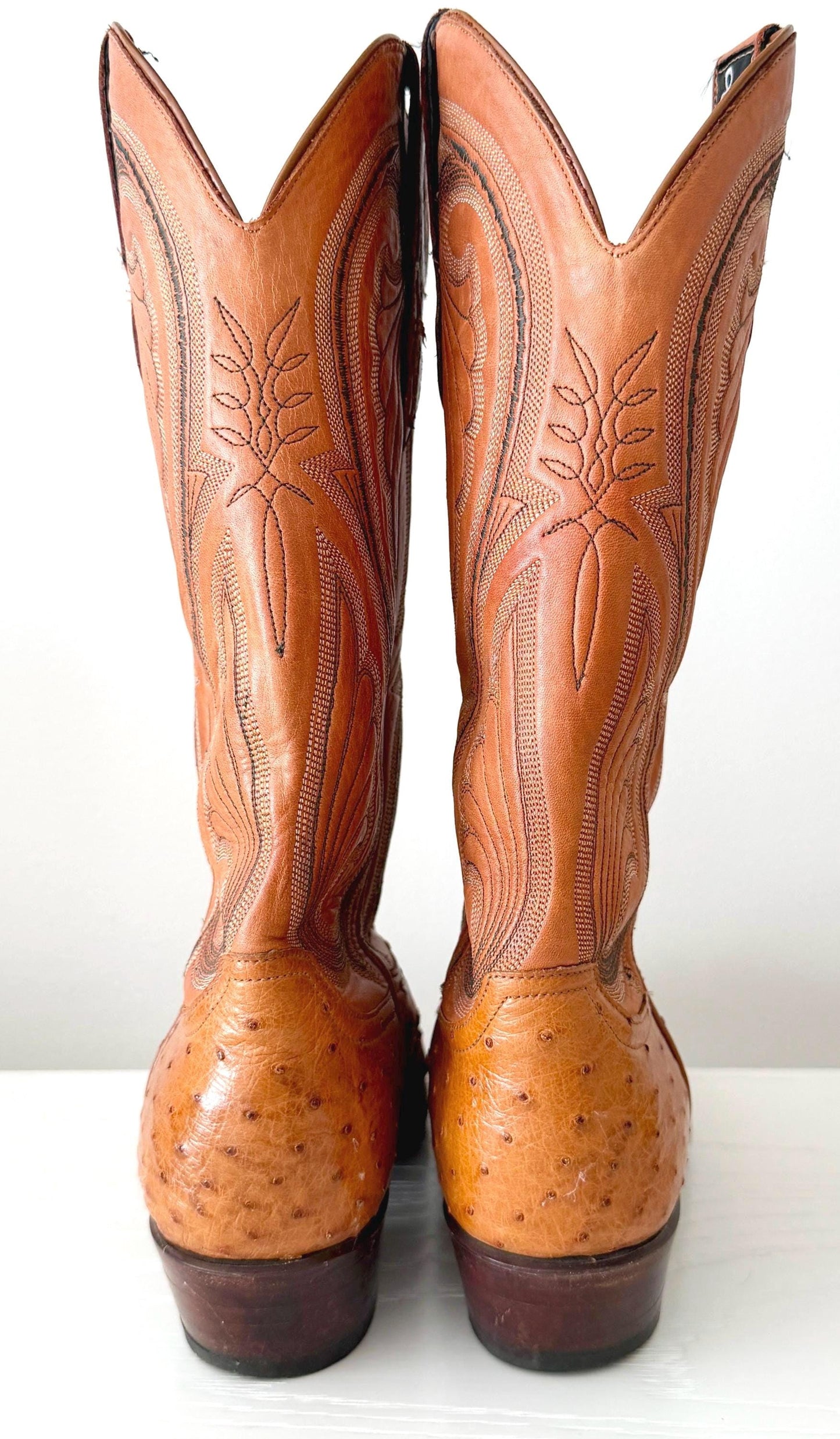 Vintage Larry Mahan Western Cowboy Boots Tan Brown Full Ostrich Quill and Leather
