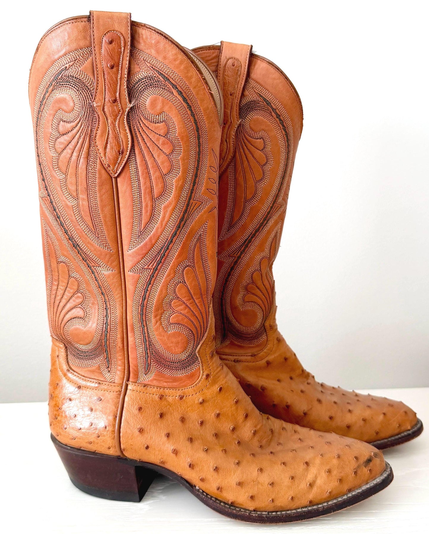 Vintage Larry Mahan Western Cowboy Boots Tan Brown Full Ostrich Quill and Leather