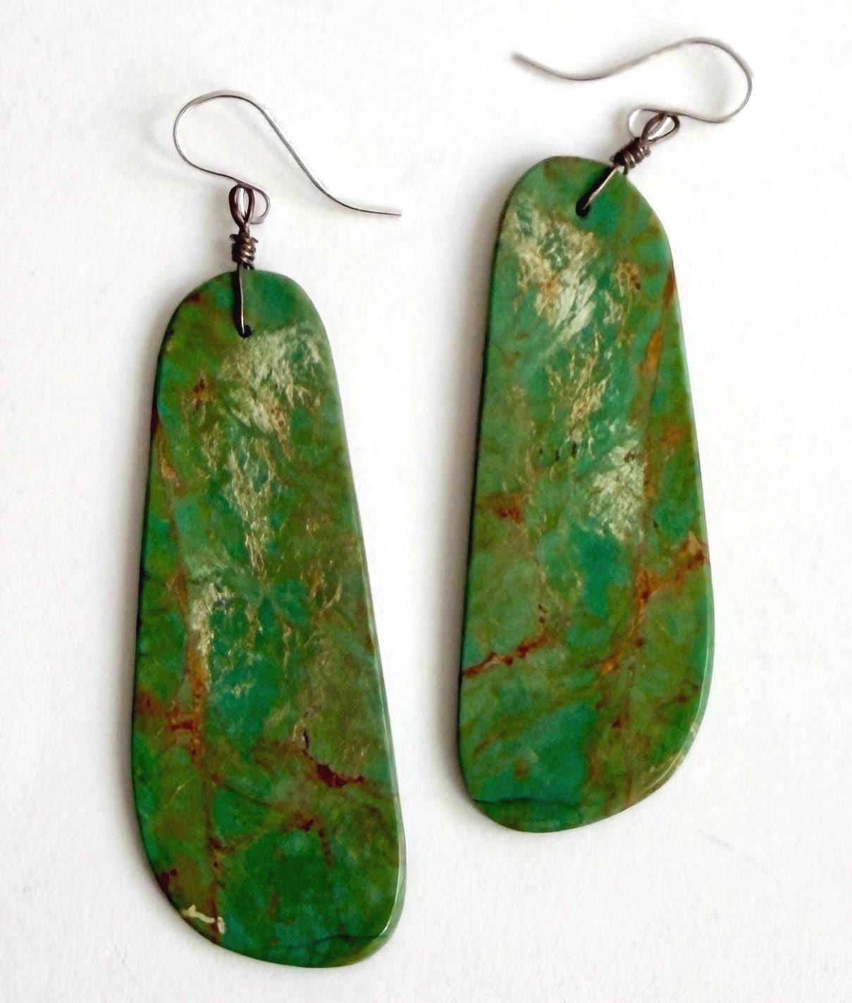 Vintage Green Turquoise Slab Earrings 2.75" Drop Native American Santo Domingo